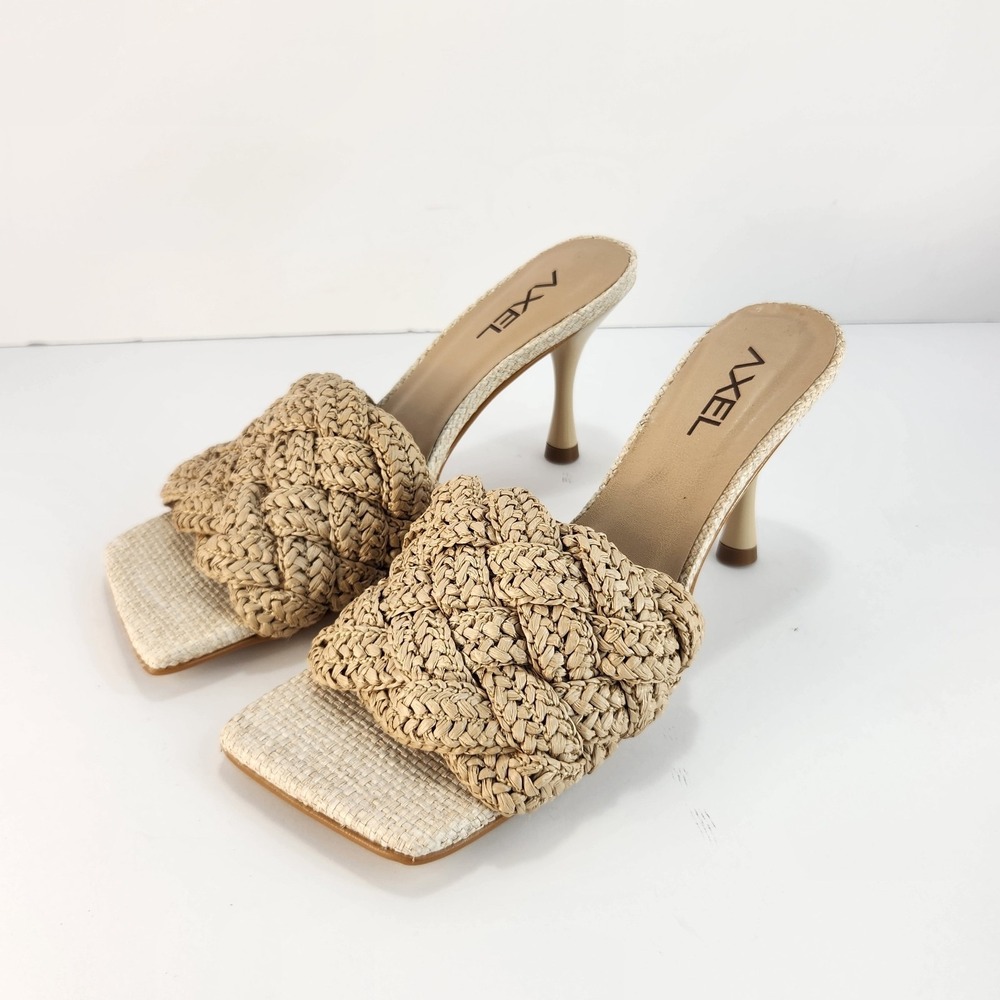 AXEL Brazil Women's Size 5 Beige Raffia Braided‎ Mule Heels Square Toe Slides